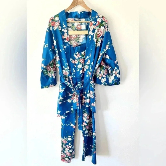 Vintage Blue Floral Satin Kimono Top & Wide Leg Pants Asian Boho 2 Piece Set - Picture 1 of 15